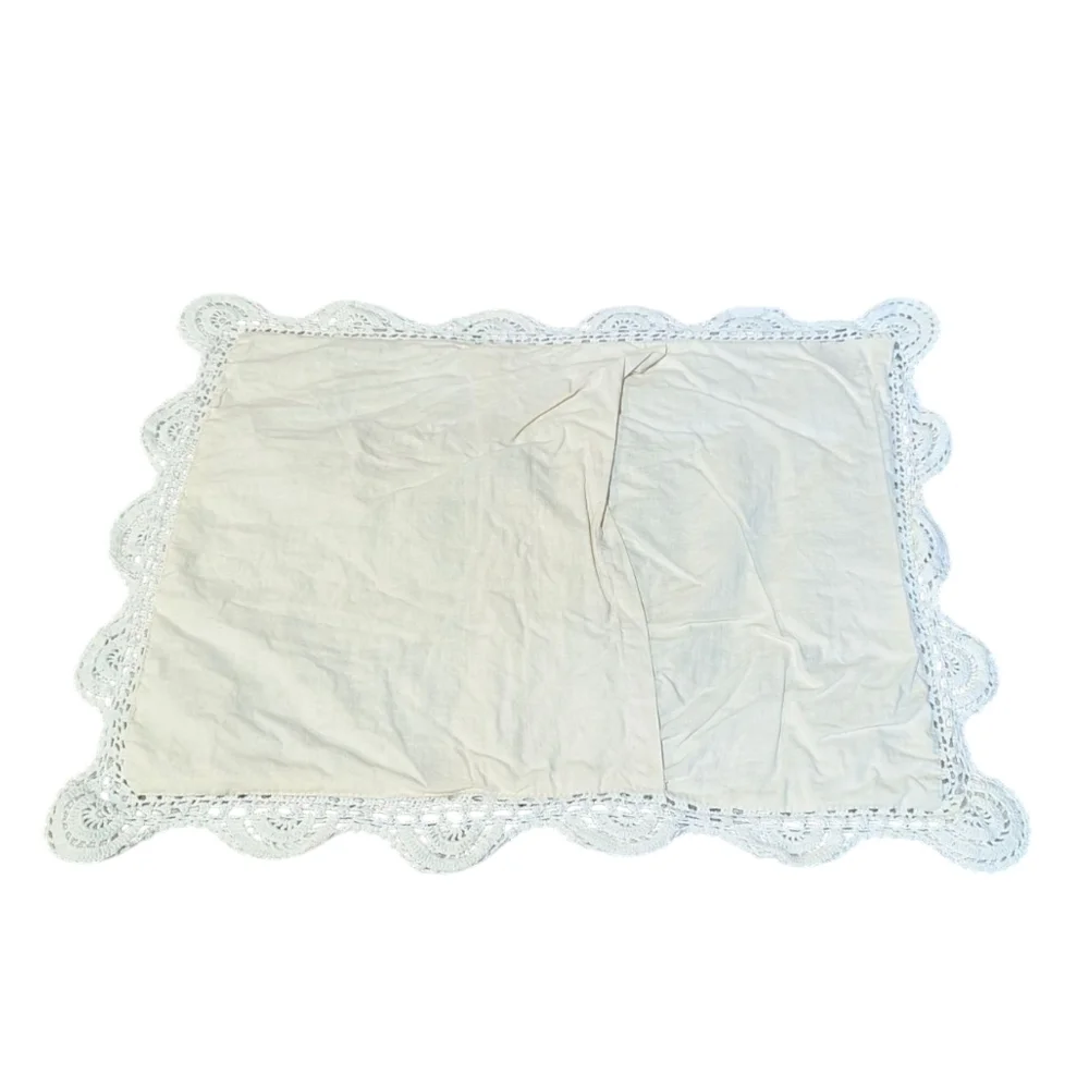 Pillow Sham Cream Crochet Lace and Rosette Overlay Cotton Ivory Retro Handmade